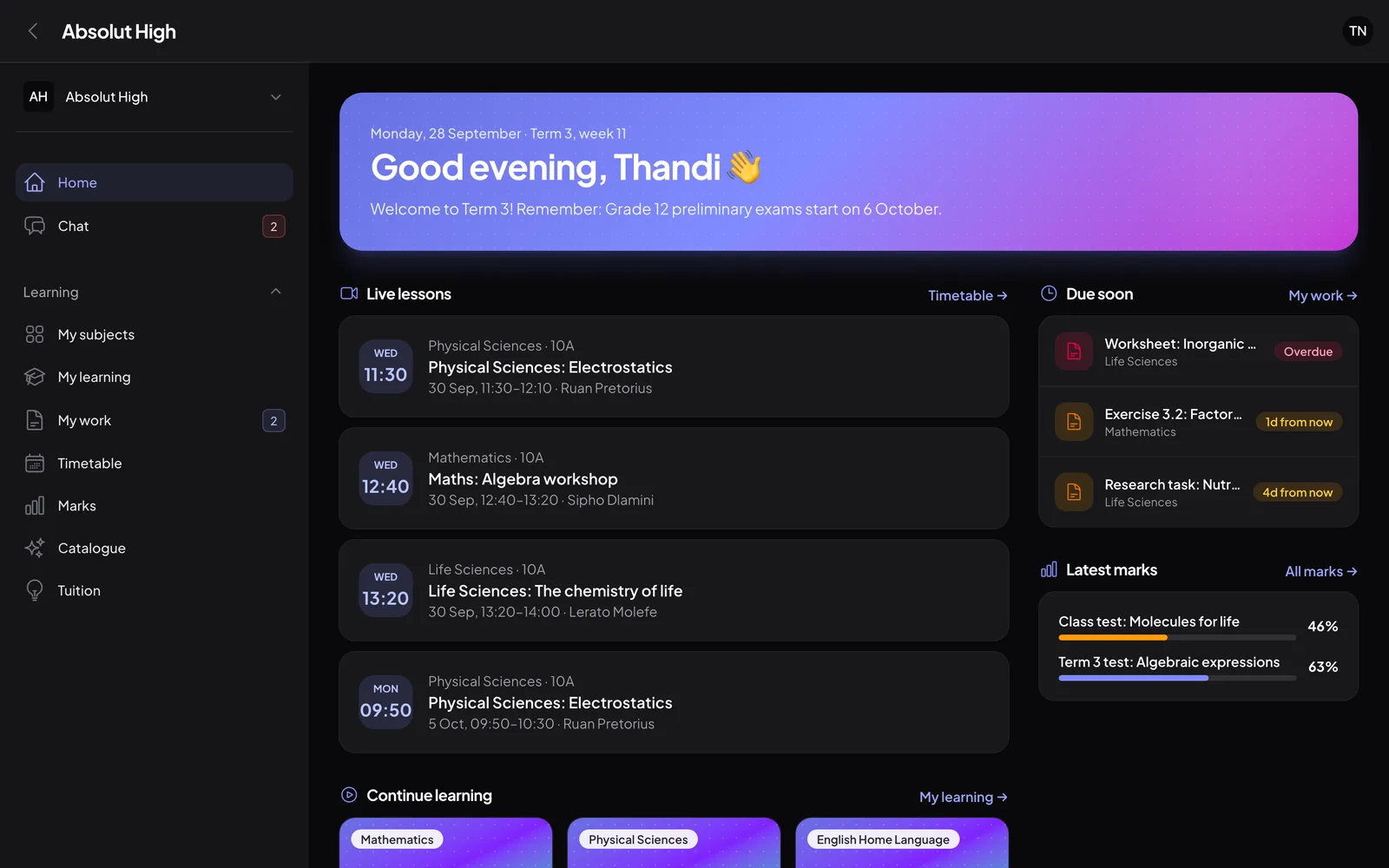 Absolut LMS learner dashboard